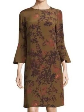 Lafayette 148 Sidra Silk Bell Sleeve Shift Dress Olive Floral Size P Petite